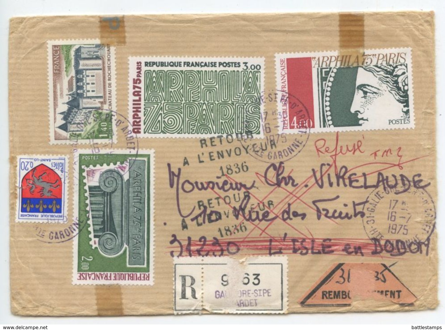 France 1975 Registered Cover Galié-Ore-Saint-Pé-d'Ardet To L'Isle-en-Dodon, Returned - Covers & Documents