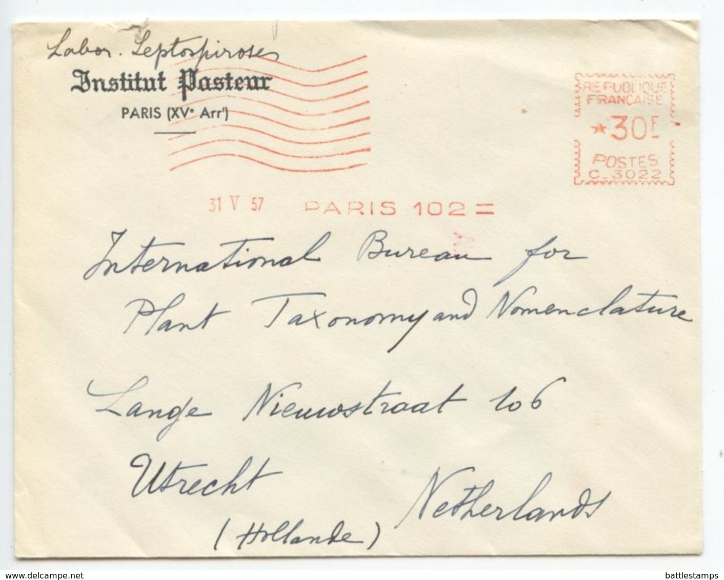 France 1957 Cover Paris - Institut Pasteur To Utrecht Netherlands, Havas Meter - Covers & Documents