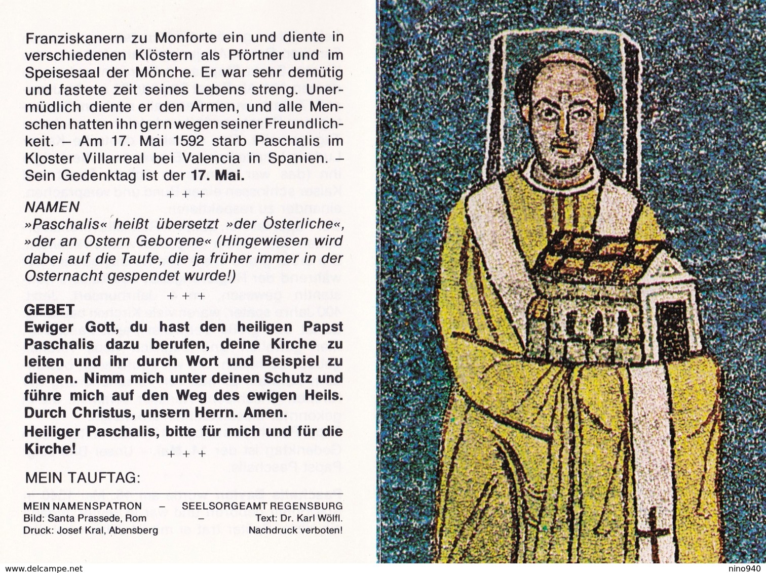 S. PASQUALE I° PAPA - Mm. 85x125 - Apribile - Biogr. E Preghiera In Tedesco - Religion & Esotericism