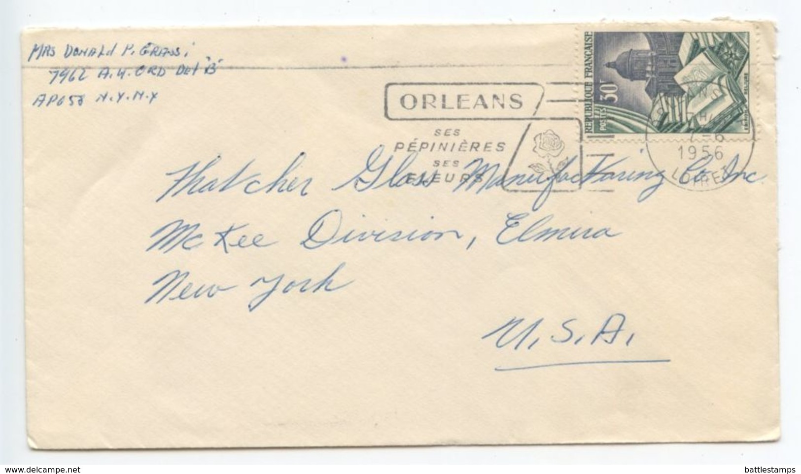 France 1956 Cover Orleans To Elmira New York, Scott 712 Book Manufacture - Covers & Documents