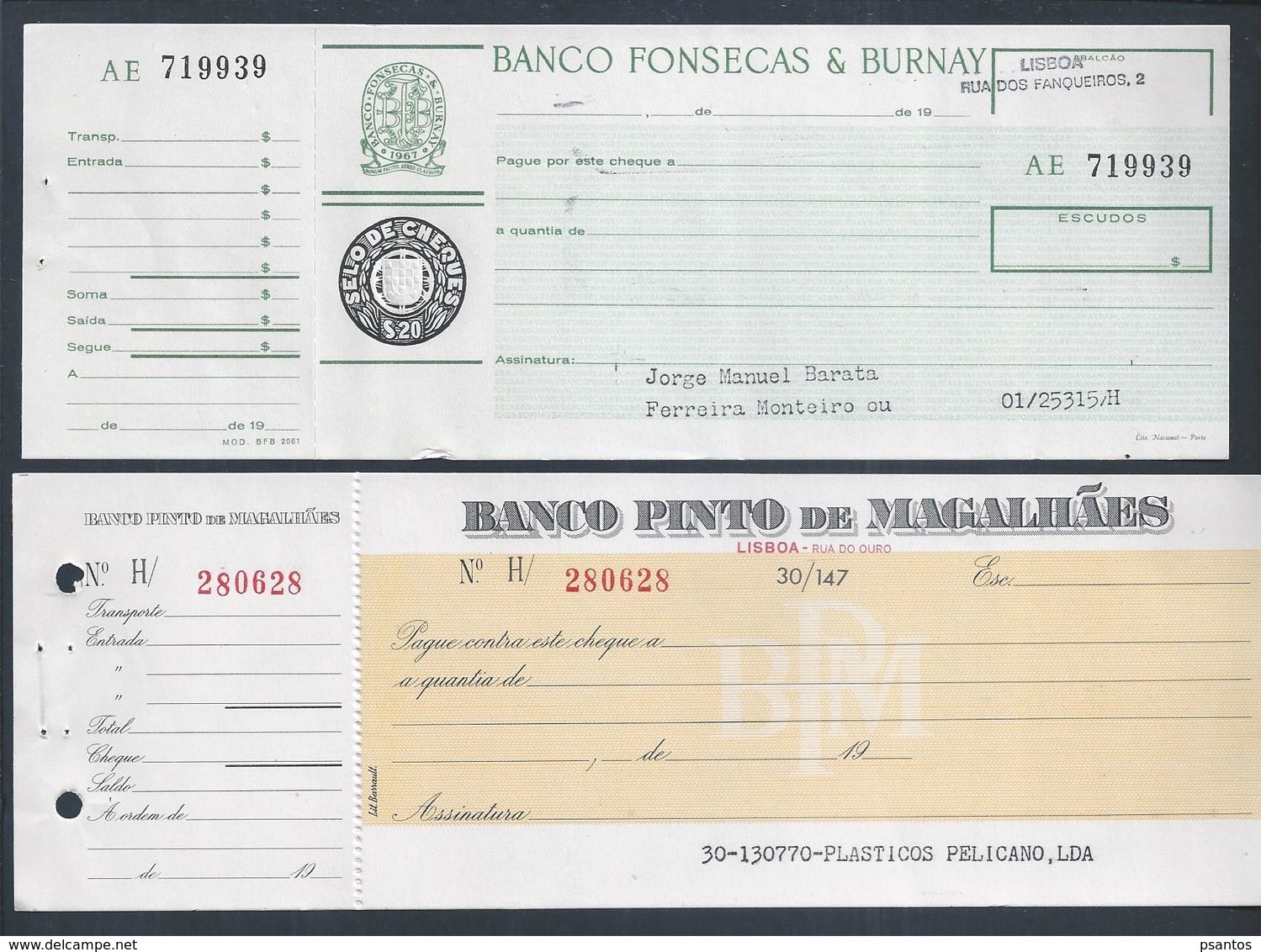 Cheques Do Banco Fonsecas & Burnay E Do Banco Pinto De Magalhães, Lisboa. Checks. Chequeboek. - Cheques En Traveller's Cheques