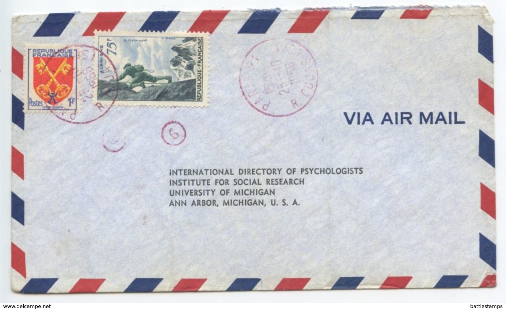 France 1956 Airmail Cover Paris To Ann Arbor Michigan, Red CDS Postmarks - Covers & Documents