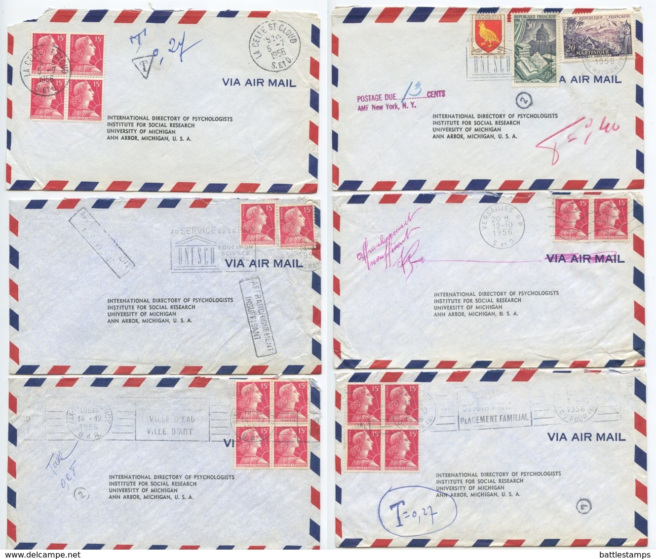France 1956 7 Covers, Mix Of Stamps & Postmarks, Underpaid / Postage Due Markings - Covers & Documents