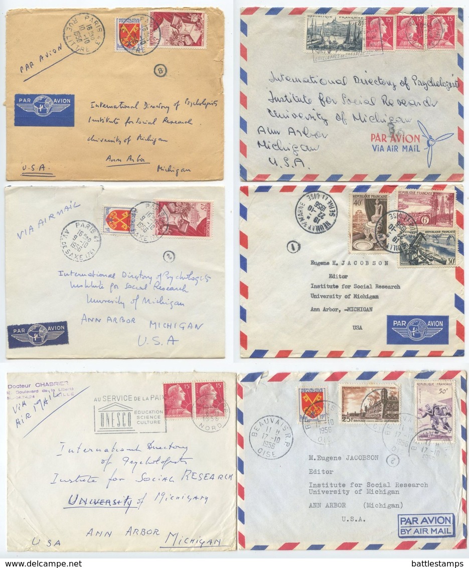 France 1956 6 Airmail Covers To Ann Arbor Michigan, Mix Of Stamps & Postmarks - Covers & Documents