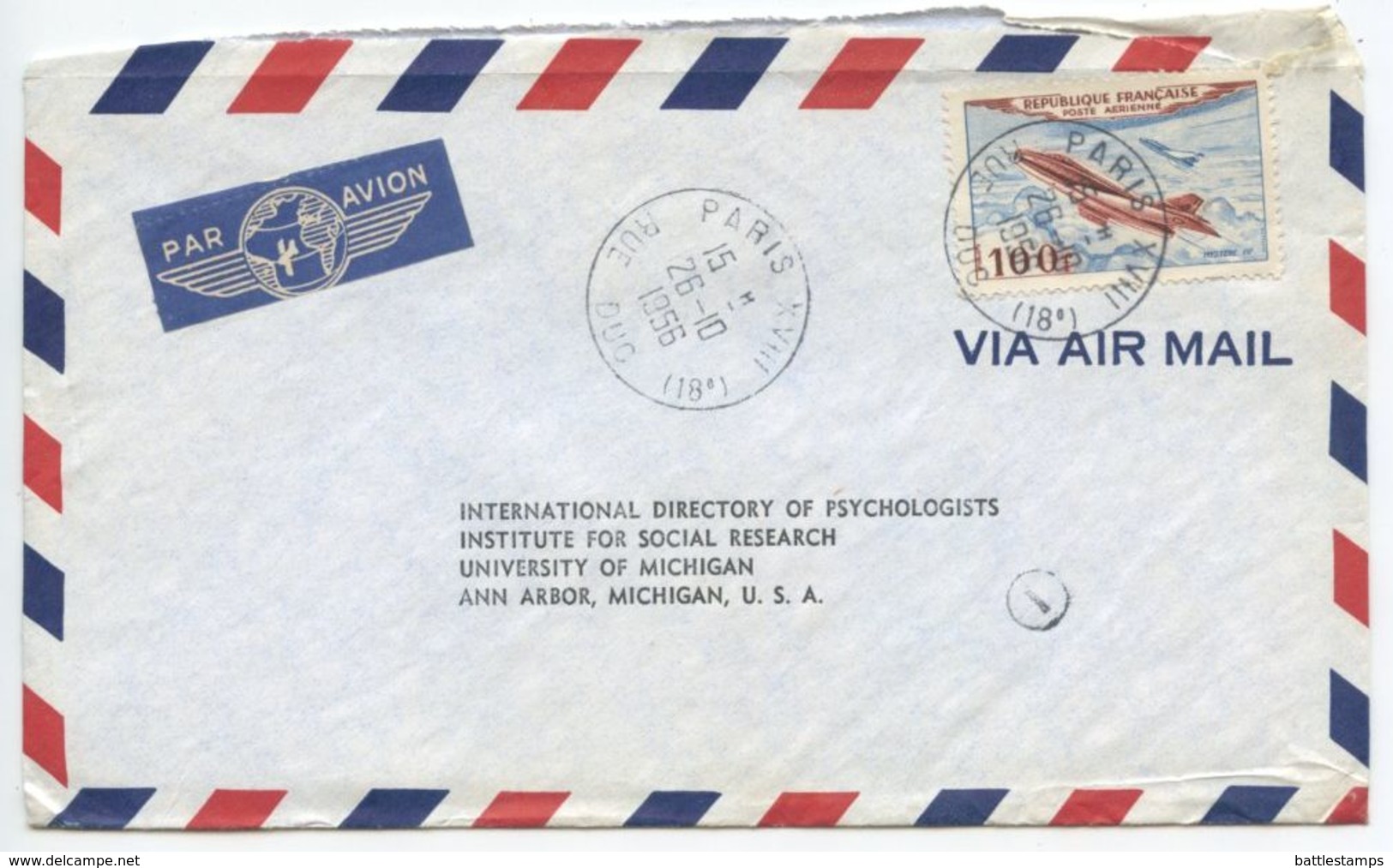 France 1956 Airmail Cover Paris To Ann Arbor MI, Scott C29 Mystère IV Jet Plane - 1927-1959 Covers & Documents