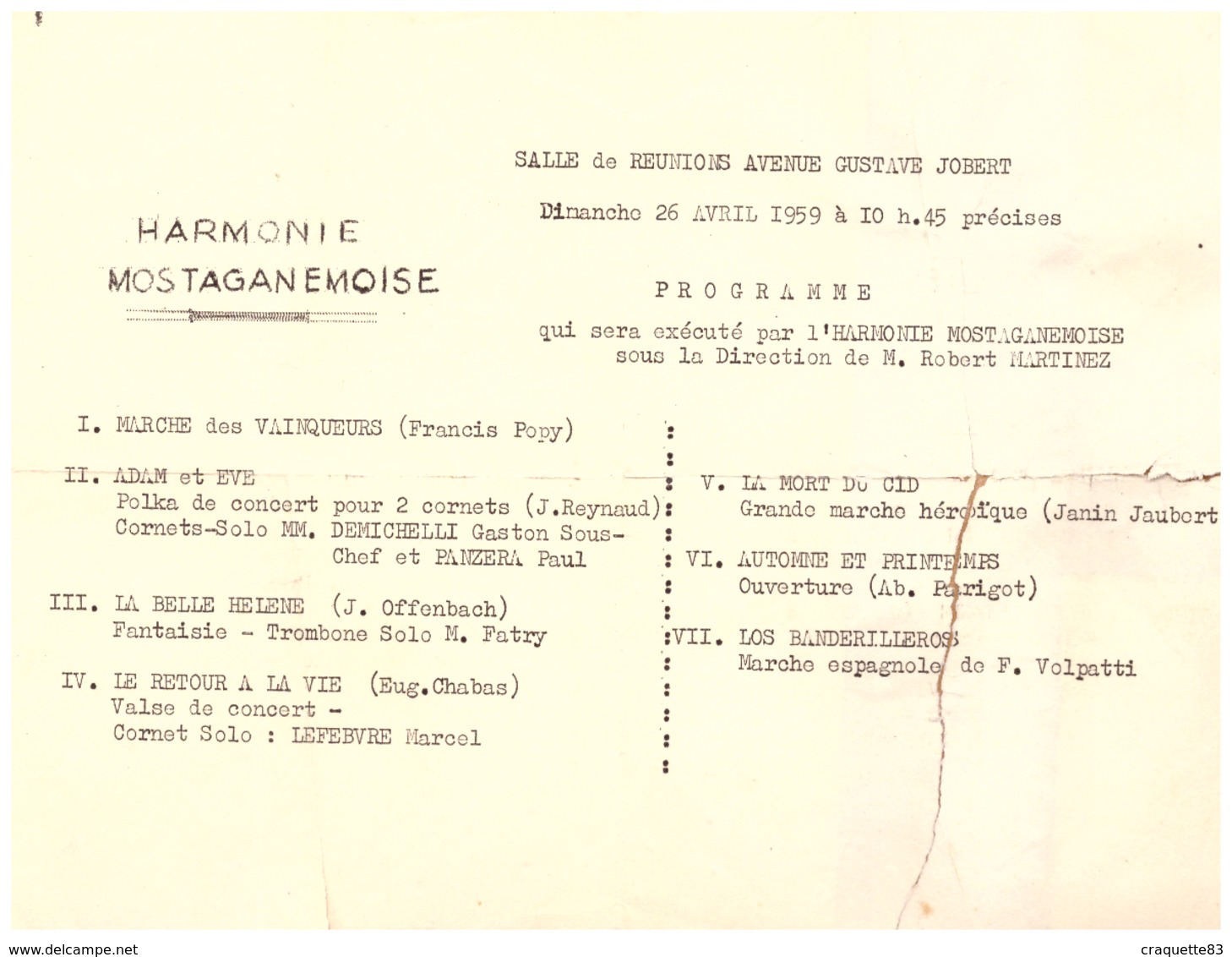 HARMONIE MOTAGANEMOISE -SALLE DE REUNION AVENUE GUSTAVE JOBERT- 26AVRIL 1959-SS La DIRECTION DE ROBERT MARTINEZ- - Programs