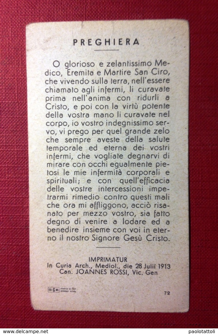 Santino, Holy Card- San Ciro Eremita- Ed. G.Mi N°72,28.7.1913. - Religion & Esotericism