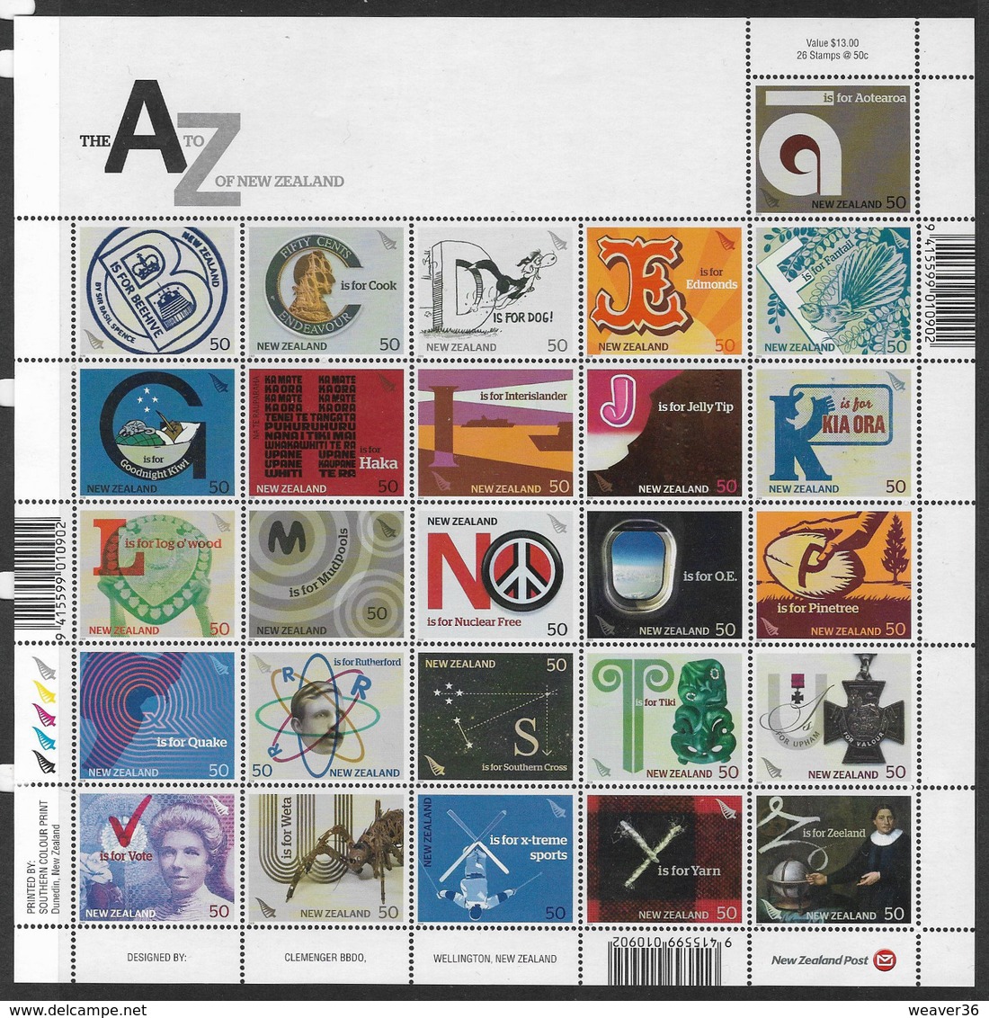 New Zealand SG3060a 2008 A-Z 26 Values Set Unmounted Mint Sheet [L0001/4D] - Unused Stamps