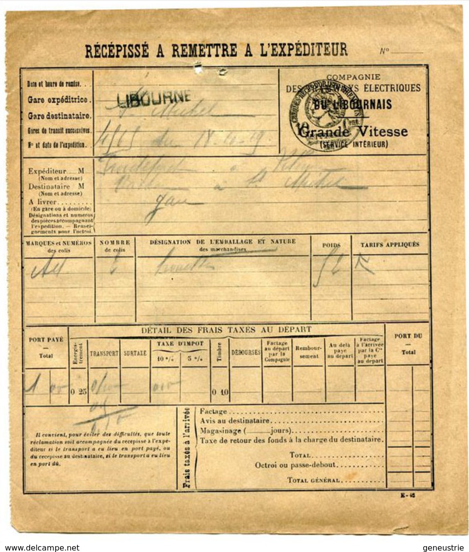 Ticket De Transport Par Tramway - Récépissé De La Compagnie Des Tramways Libournais 1919 - Libourne - Chemins De Fer - Autres & Non Classés