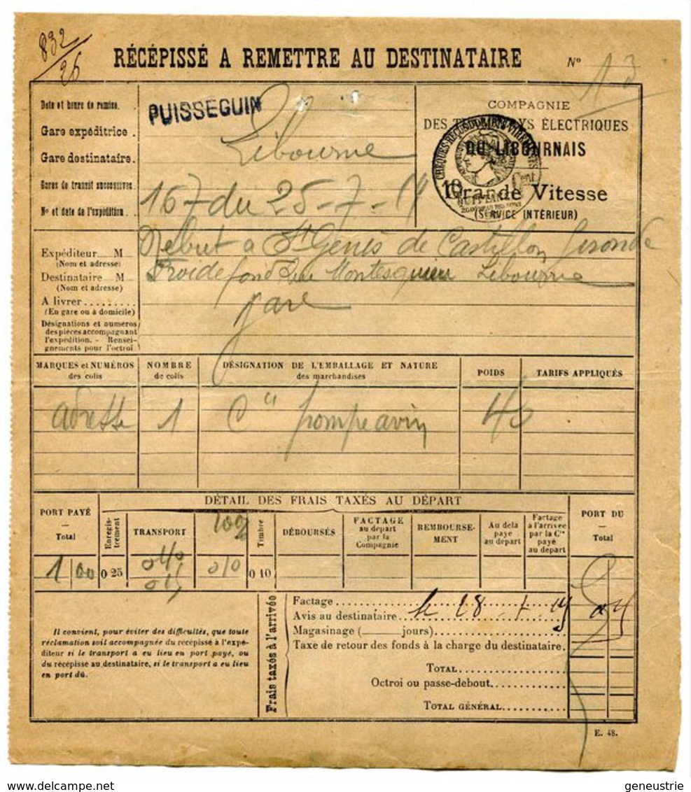 Ticket De Transport Par Tramway - Récépissé De La Compagnie Des Tramways Libournais 1919 - Libourne - Chemins De Fer - Other & Unclassified