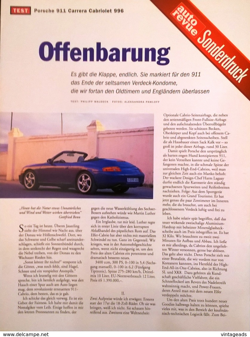CA191 Zeitschrift Auto Revue Sonderdruck Porsche 911 Carrera Cabrio 996, Neu - Cars & Transportation