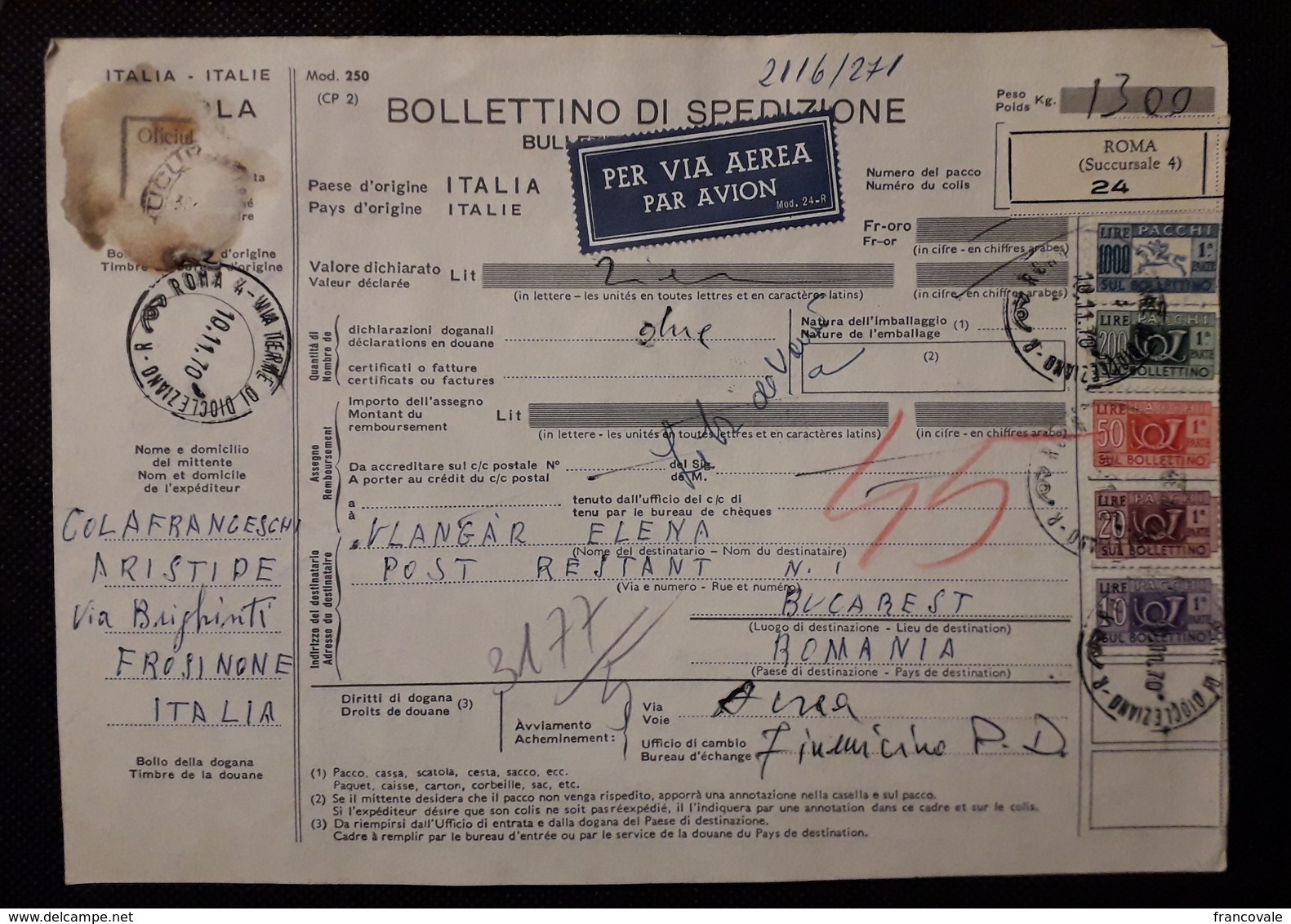 Italia Bollettino Spedizione 1970 Roma A  Bucarest Pacchi Postali 1000- 200-50-20-10 - 1961-70: Storia Postale