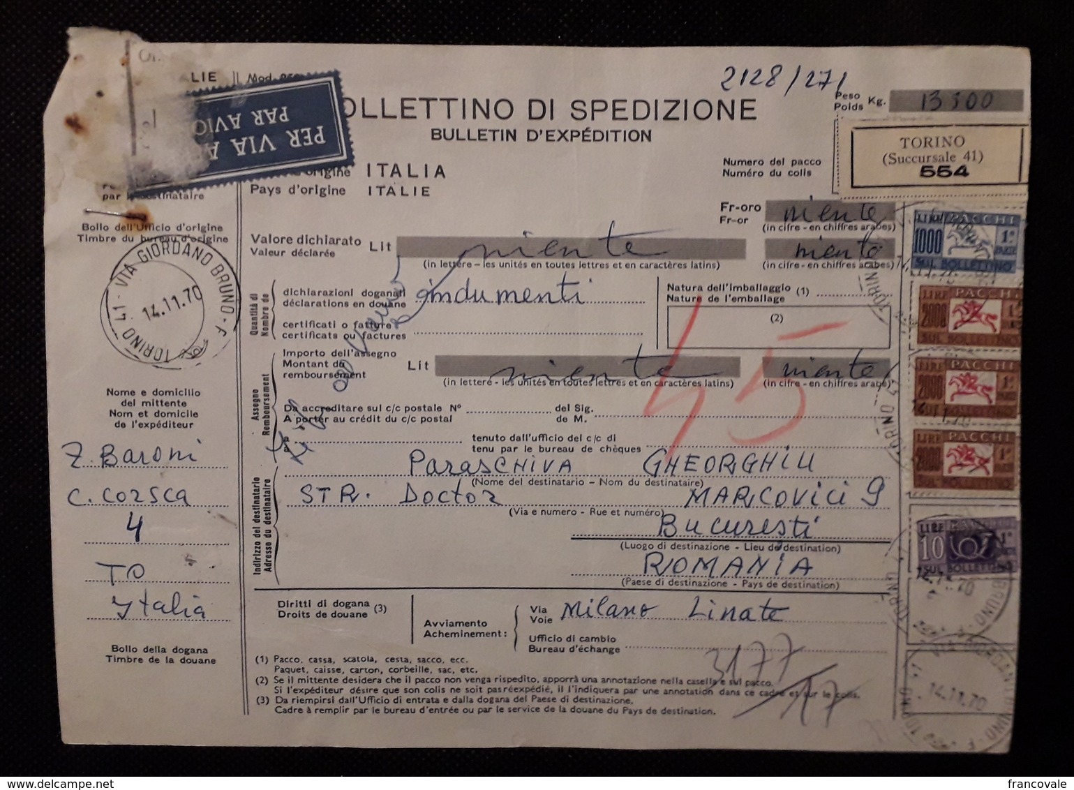 Italia Bollettino Spedizione 1970 Da Torino A Bucarest Pacchi Postali 2000x3- 1000-10 - 1961-70: Storia Postale