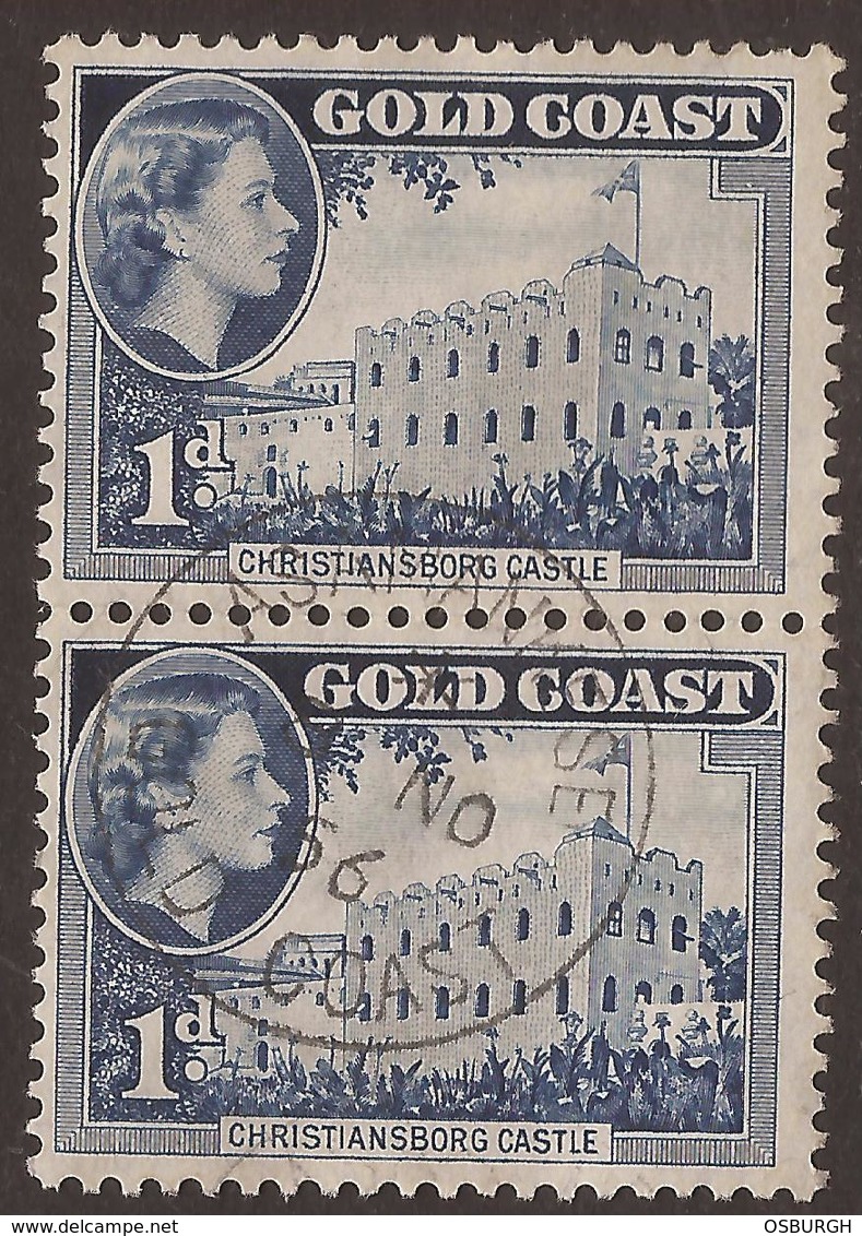 GOLD COAST / GHANA. QE2. 1d BLUE USED PAIR. ASAMANKESE POSTMARK. USED - Gold Coast (...-1957)