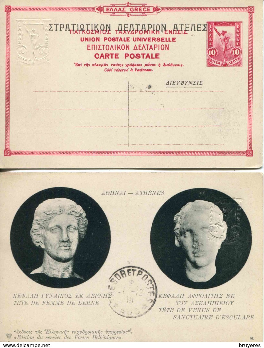 Entier Postal De GRECE De 1918 Sur CP Avec Illust. "Tête De Femme De Lerne Et Tête De Vénus De Sanctuaire D'Esculape" - Entiers Postaux