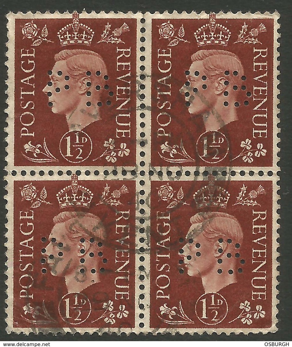 GREAT BRITAIN. GVI. PERFIN PB. 1 1/2d BROWN. USED BLOCK OF FOUR - Used Stamps