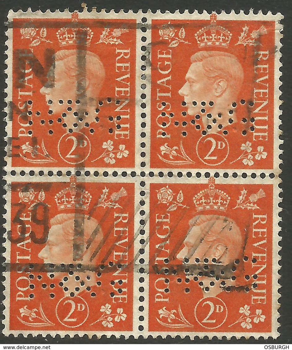 GREAT BRITAIN. GVI. PERFIN. N & G. 2d ORANGE USED BLOCK OF FOUR - Used Stamps