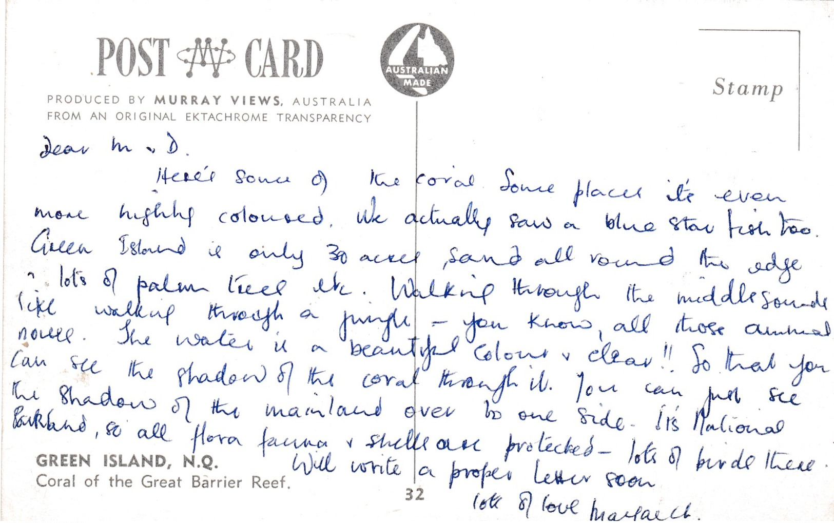 Small Post Card Of Coral Of The Great Barrier Reef,Green Island,Queensland, Australia.,V103. - Sydney