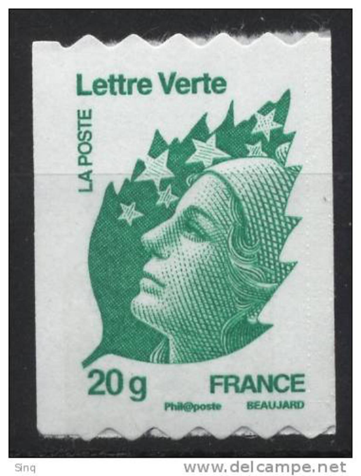 N° 608 ( 4597 )Marianne De Beaujard Verte Adhesif Roulette 2011  Faciale 20g - Autres & Non Classés