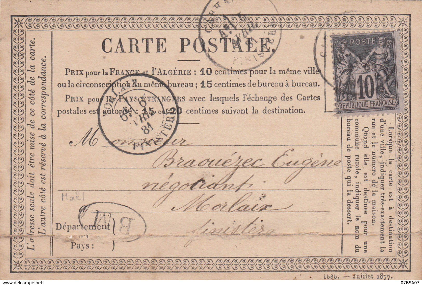 FINISTERE CPP 1881 CARHAIX T16 SUR SAGE + BM = CARTE ENTETE DE MAËL ( MAËL CARHAIX ) PLI EN BAS VISIBLE AU SCAN - 1877-1920: Periodo Semi Moderno