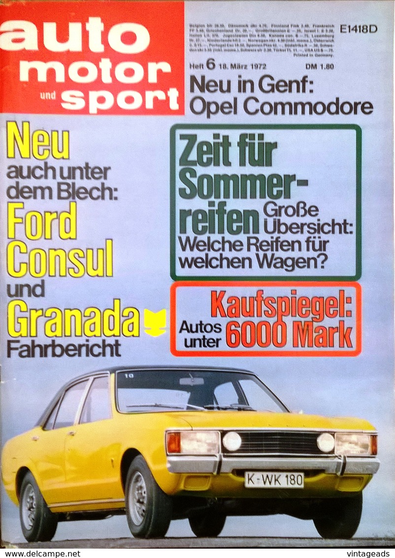 CA218 Zeitschrift Auto Motor Und Sport, Heft 6/1972, Ford Consul Und Granada - Automóviles & Transporte