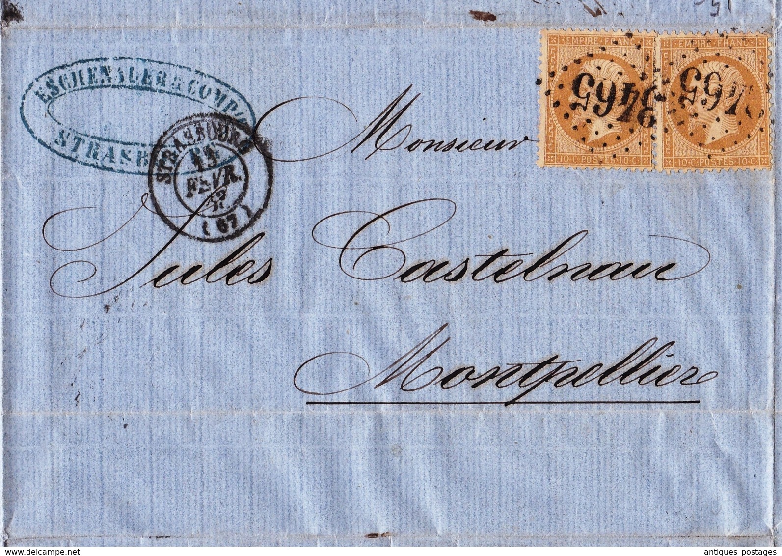 Lettre Strasbourg 1863 Eschenauer Montpellier Jules Castelnau Napoléon III 10 Centimes Racine De Gentiane - 1862 Napoléon III