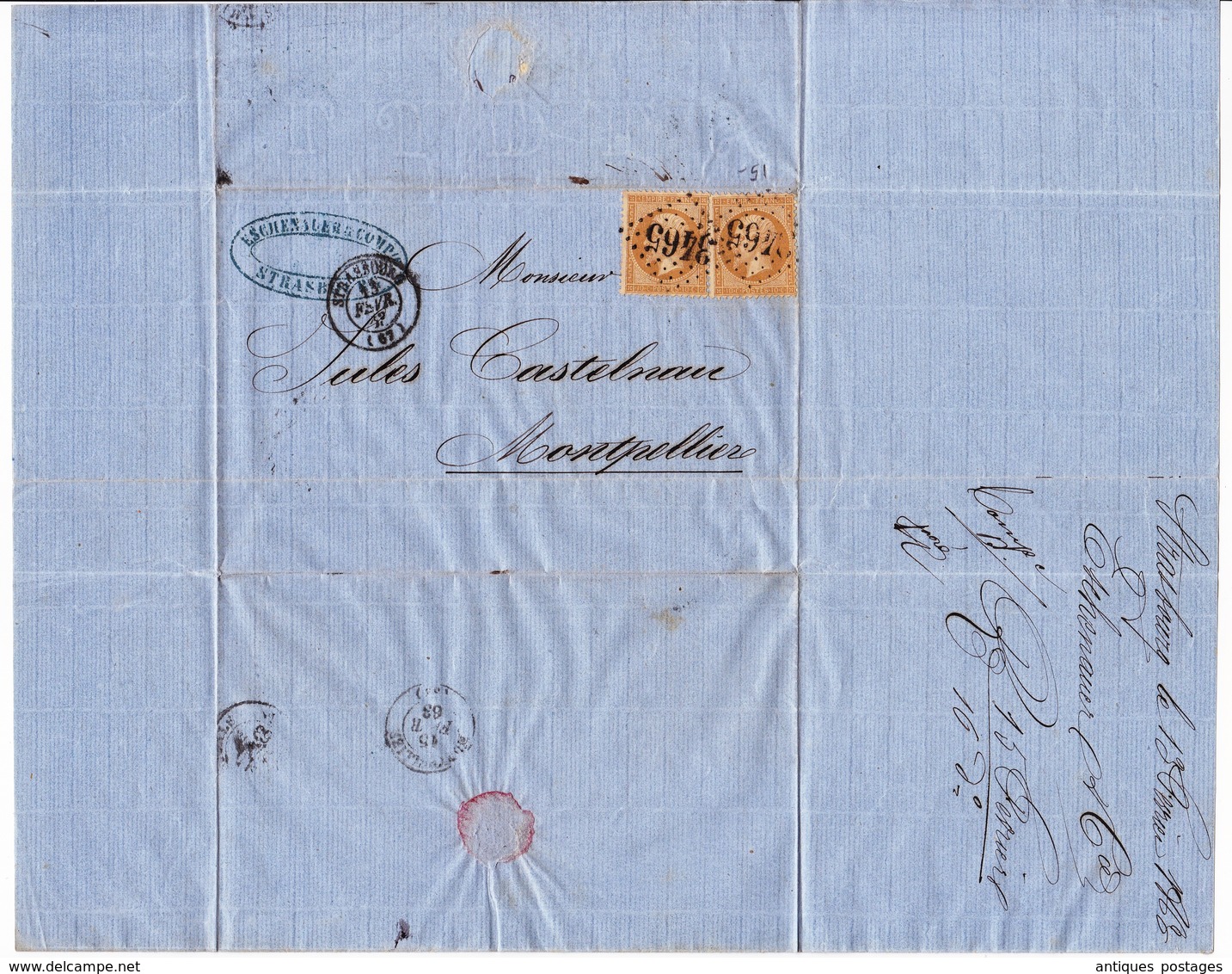 Lettre Strasbourg 1863 Eschenauer Montpellier Jules Castelnau Napoléon III 10 Centimes Racine De Gentiane - 1862 Napoléon III