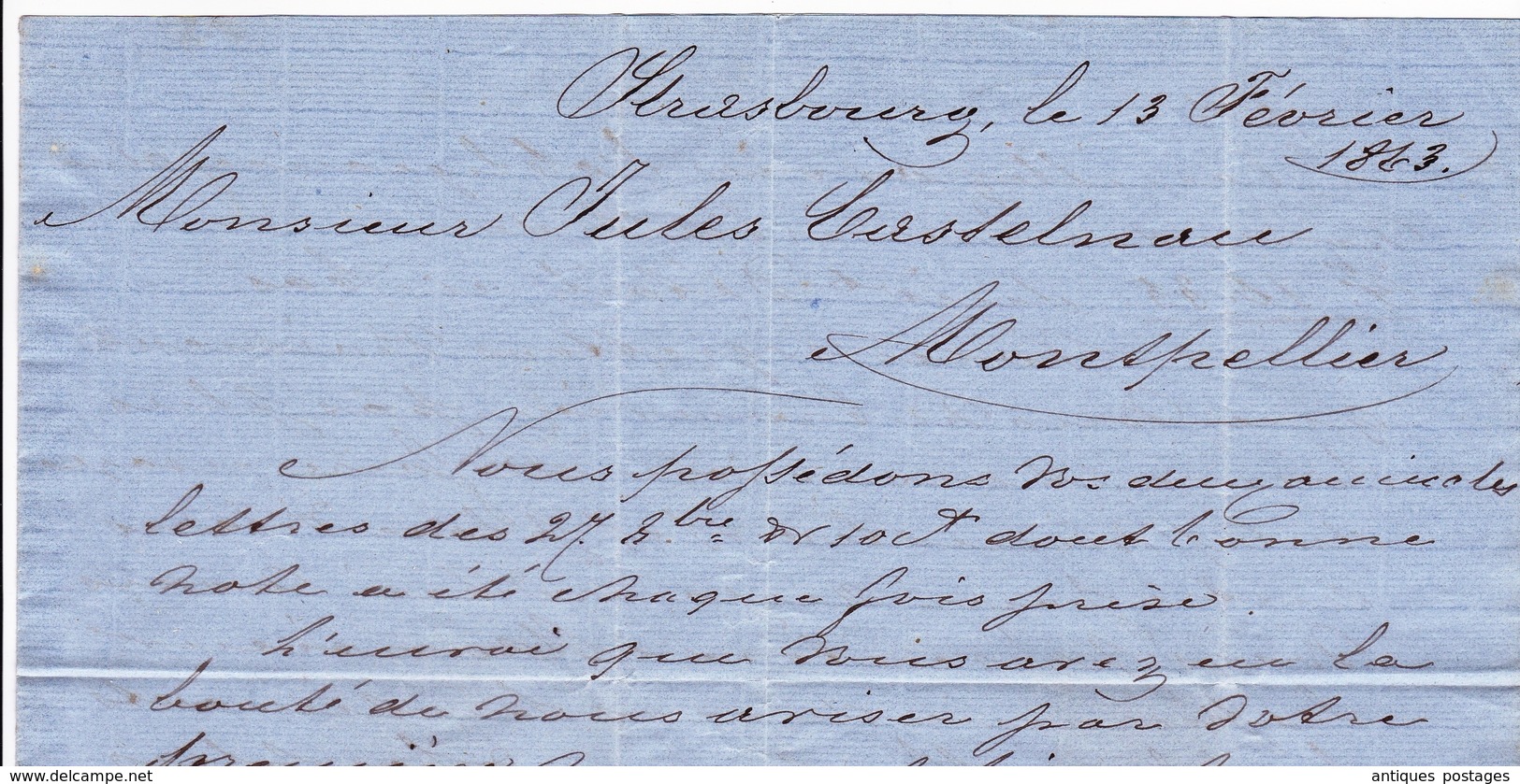 Lettre Strasbourg 1863 Eschenauer Montpellier Jules Castelnau Napoléon III 10 Centimes Racine de Gentiane