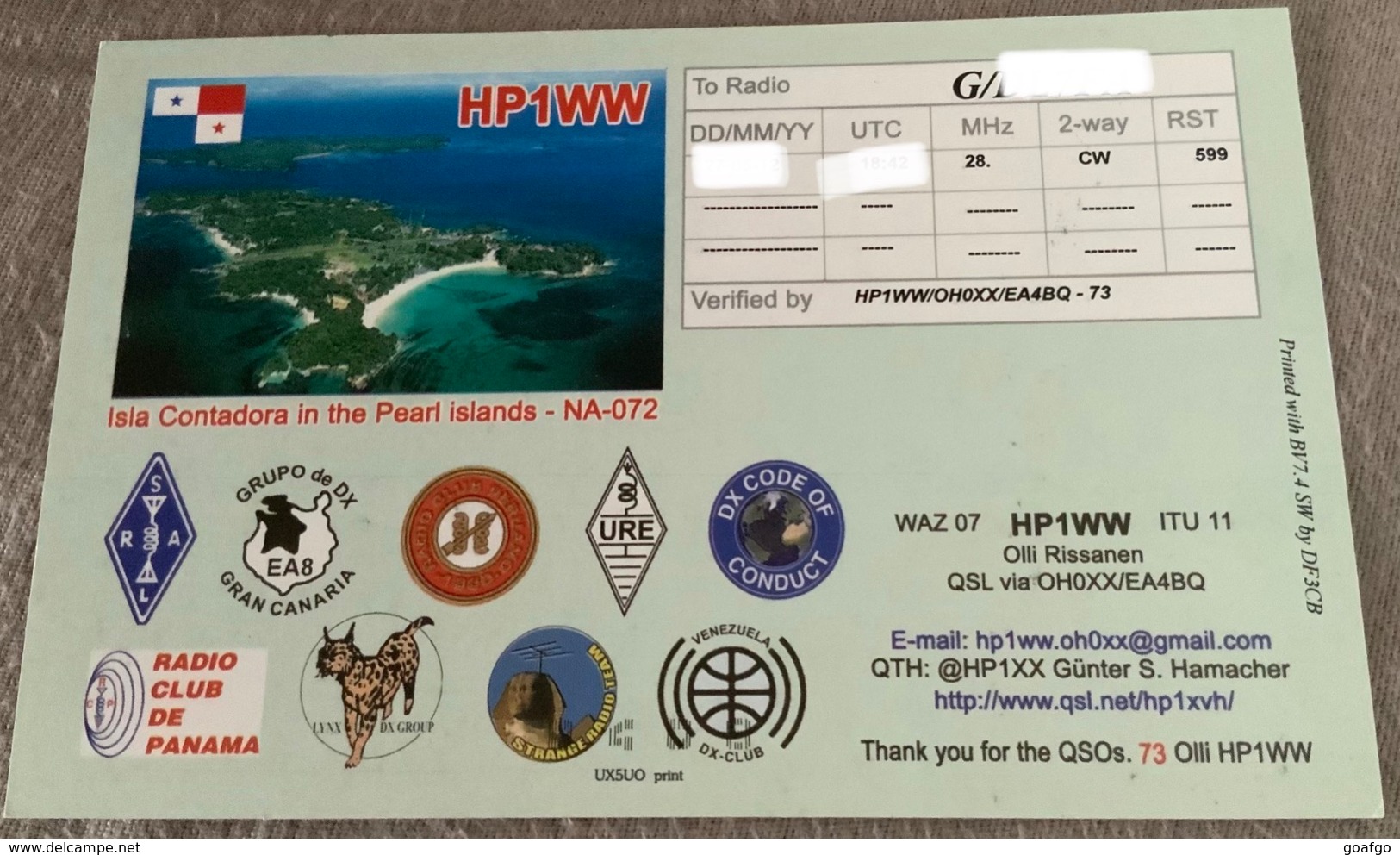 Qsl Card PANAMA Isla Contadora In The Pearl Islands Amateur Radio Card From 2012 - Amateurfunk