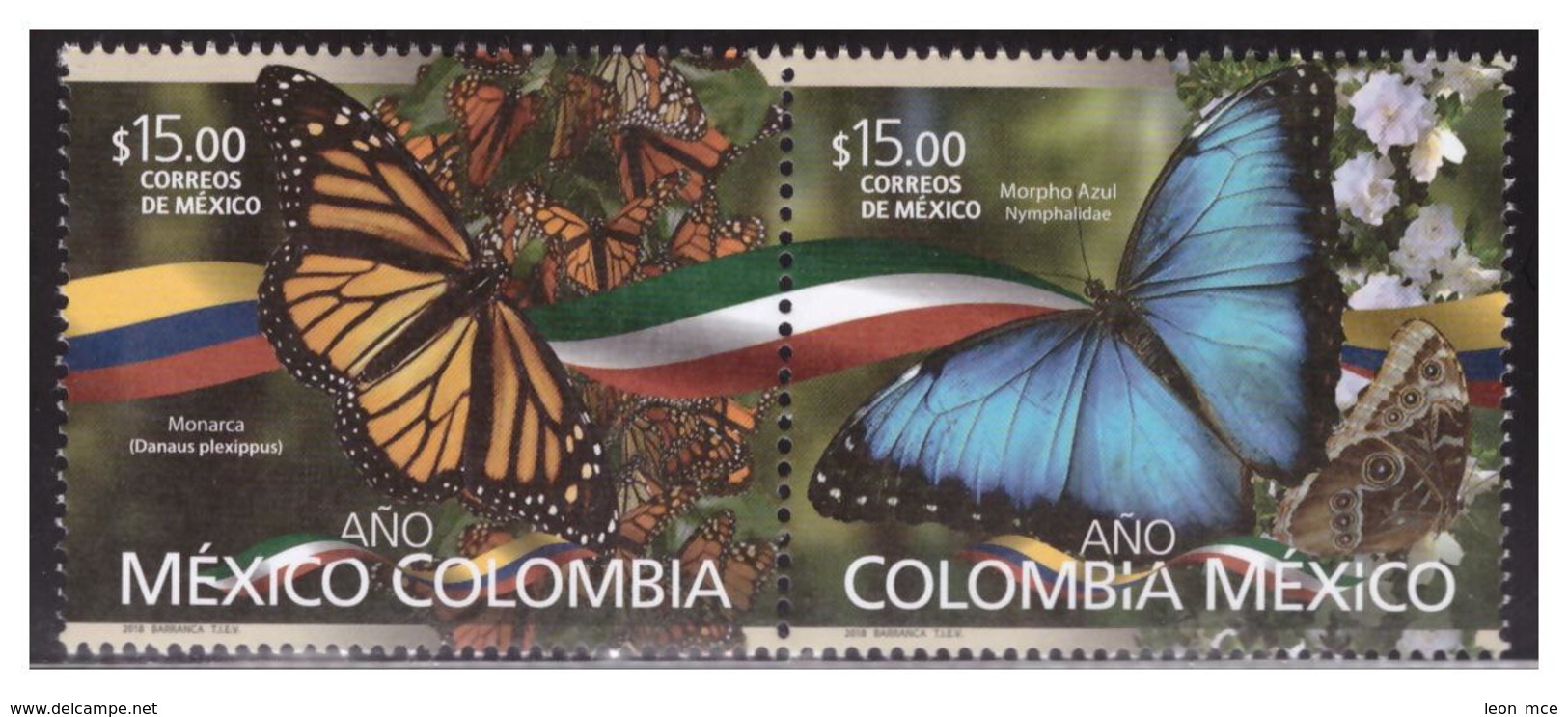 2018 MÉXICO - COLOMBIA EMISIÓN CONJUNTA SE-TENENT MNH MARIPOSAS,  MONARCH BUTTERFLY, AND BLUE BUTTERFLY, SET OF 2 MNH - Messico