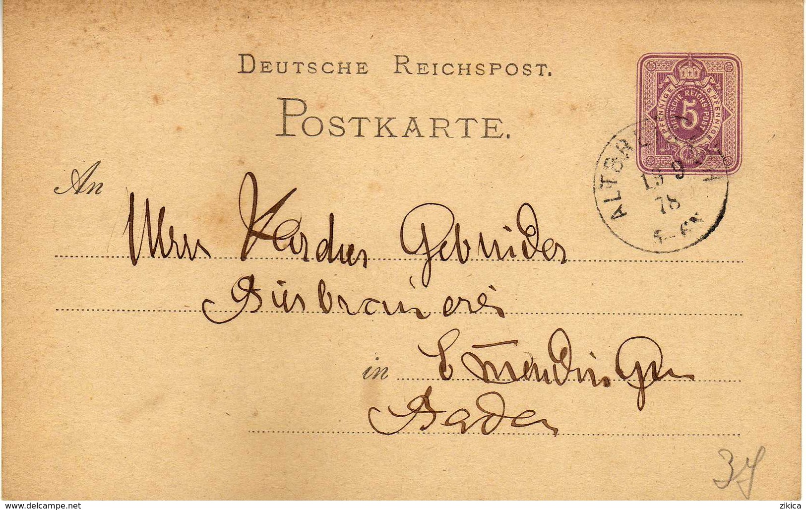 STEMPEL: Altbreisach ( Breisach Am Rhein / Vieux-Brisach ).- Stamped Stationery 1878 - Autres & Non Classés