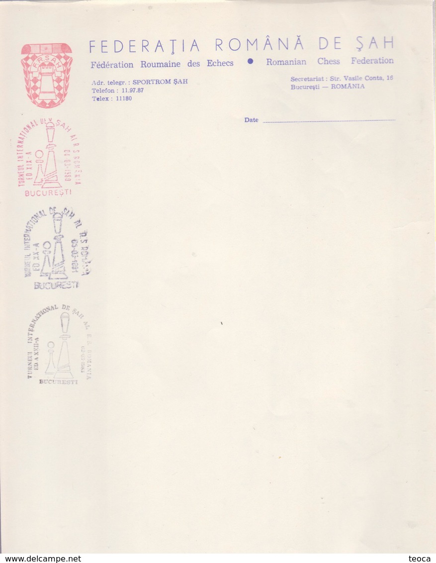 CHESS, ROMANIAN CHESS  FEDERATION``SPORTROM``, WITH SPECIAL POSTMARK CHEES  CANCELLATION SPECIAL 1980-1981 - Ajedrez