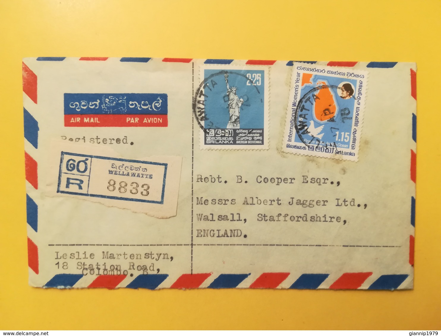 1978 BUSTA INTESTATA AIR MAIL SRI LANKA BOLLO AMERICAN WOMEN YEAR ANNULLO WELLAWATTA RACCOMANDATA STORIA POSTALE - Sri Lanka (Ceylon) (1948-...)