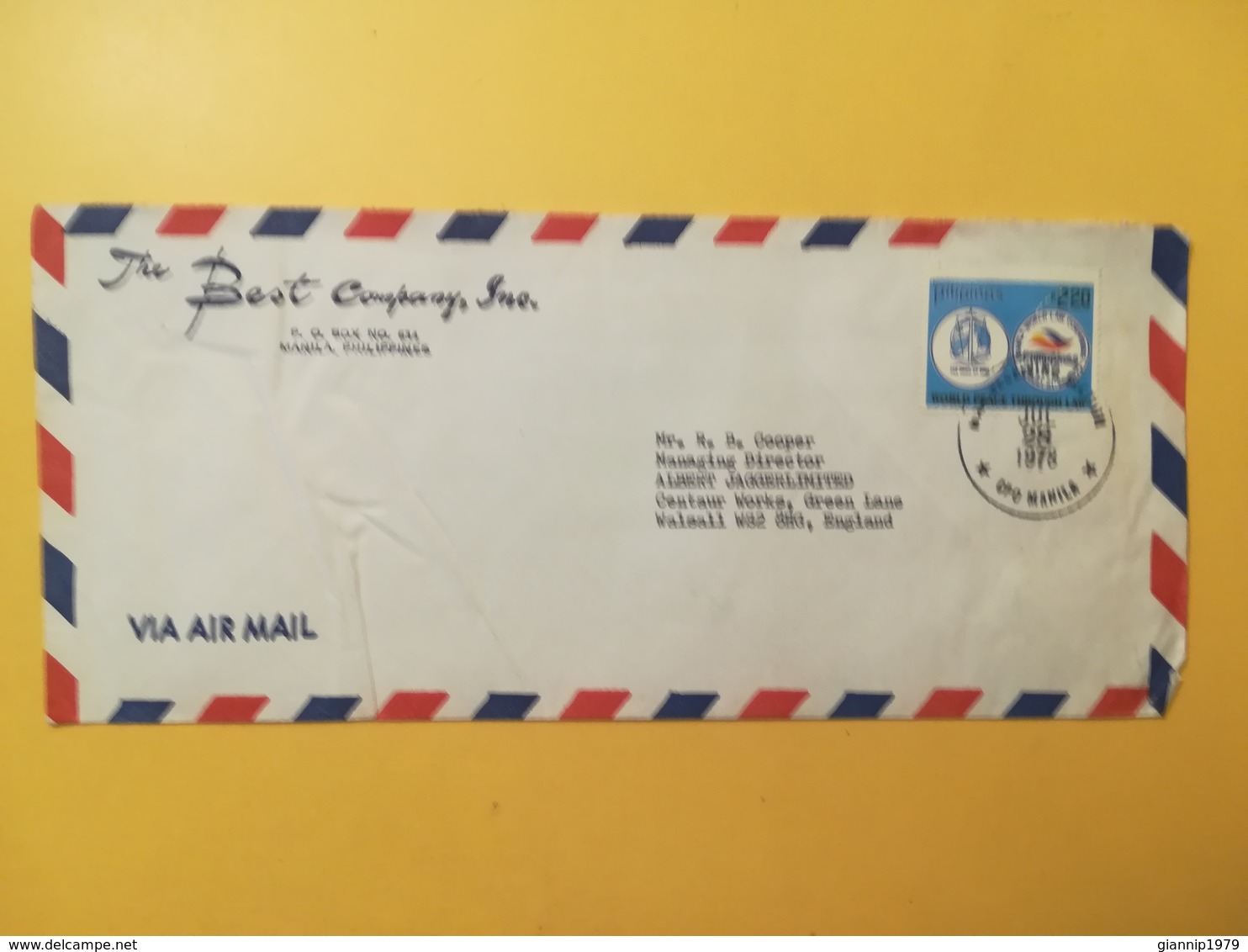 1978 BUSTA INTESTATA AIR MAIL FILIPPINE PILIPINAS BOLLO CONFERENCE MANILA ANNULLO MANILA STORIA POSTALE - Filippine