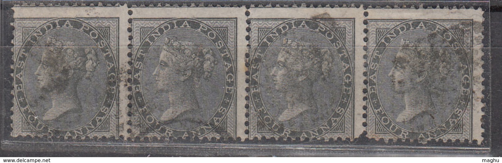 British East India Used 1856, 'Uncommon Item' 4as Black, Strip Of 4, Four Annas - 1854 Britse Indische Compagnie