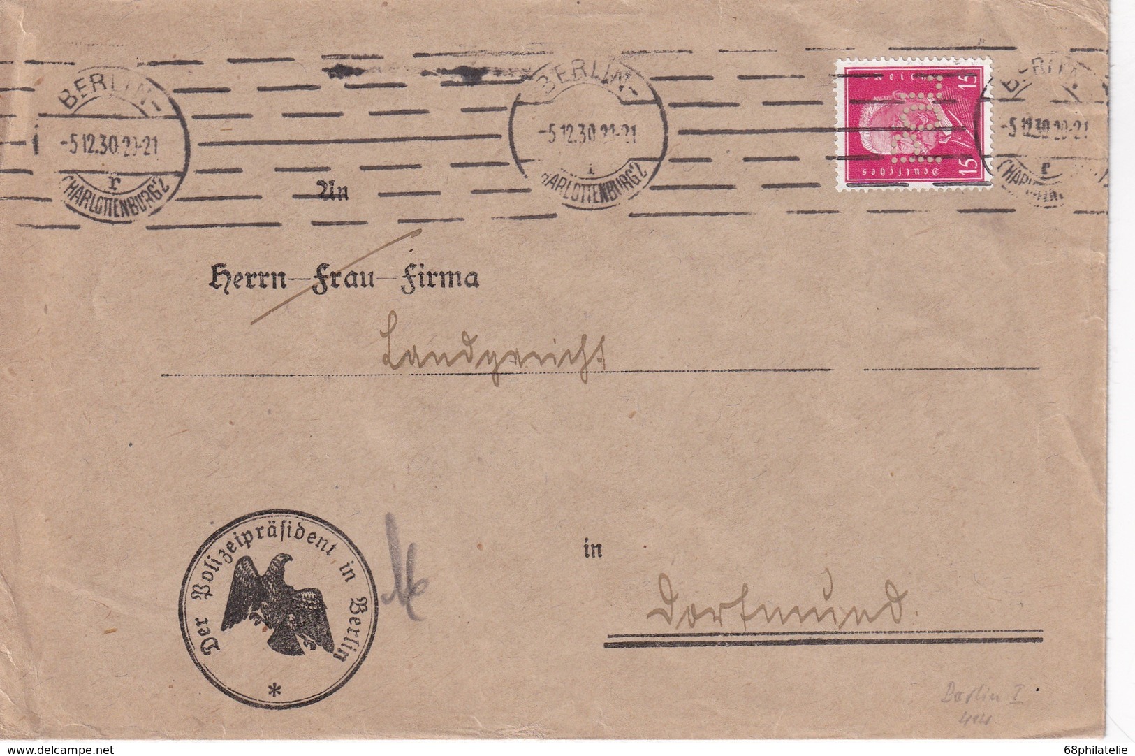 ALLEMAGNE 1930 LETTRE DE BERLIN  PERFORE  POL LOCHUNG - Storia Postale