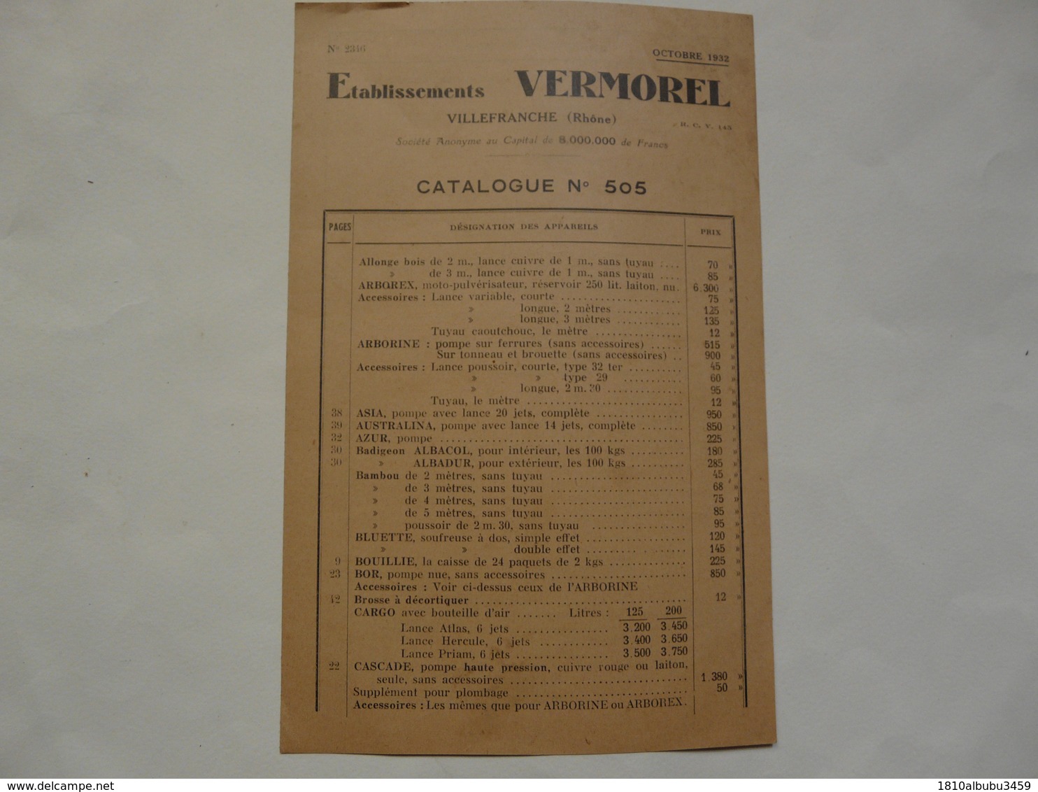 VIEUX PAPIERS - 69 VILLEFRANCHE - ETS VERMOREL : Catalogue N°505 - Publicités