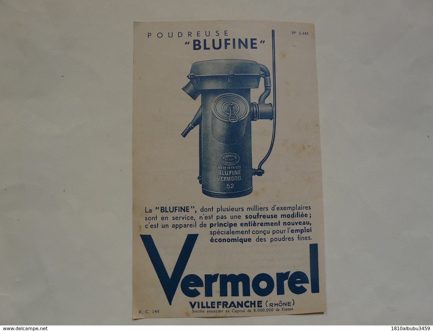 VIEUX PAPIERS - 69 VILLEFRANCHE - ETS VERMOREL : Prospectus Poudreuse "BLUFINE" - Advertising