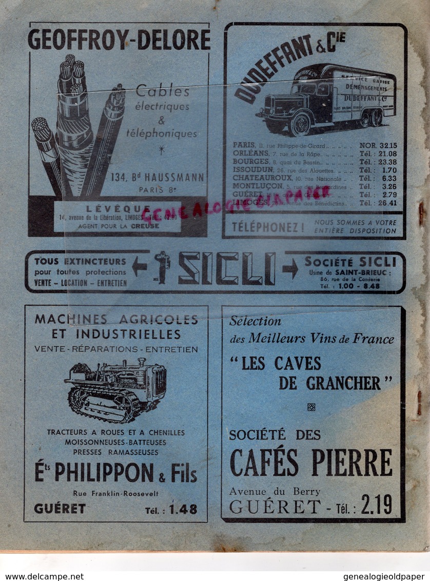 23- CREUSE- RARE ANNUAIRE OFFICIEL TELEPHONE 1957- ROBERT DEVAUT GUERET- DUDEFFANT-PHILIPPON-CAFES PIERRE - Limousin