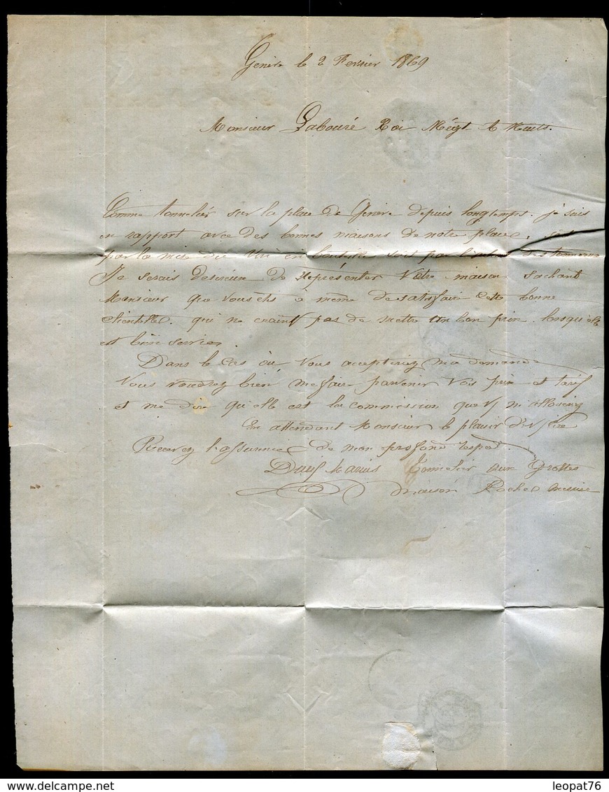 Suisse - Lettre Avec Texte De Genève Pour La France En 1869 -  Réf J59 - Marcophilie