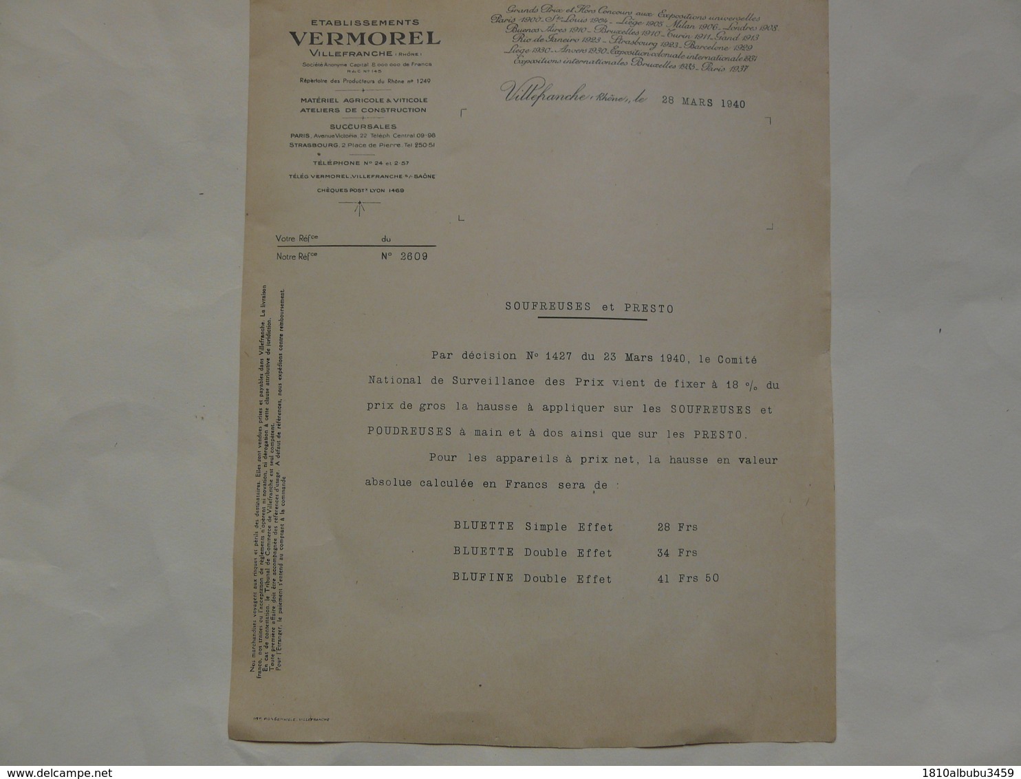 VIEUX PAPIERS - 69 VILLEFRANCHE - ETS VERMOREL : Lettre  28 Mars 1940 - Publicités