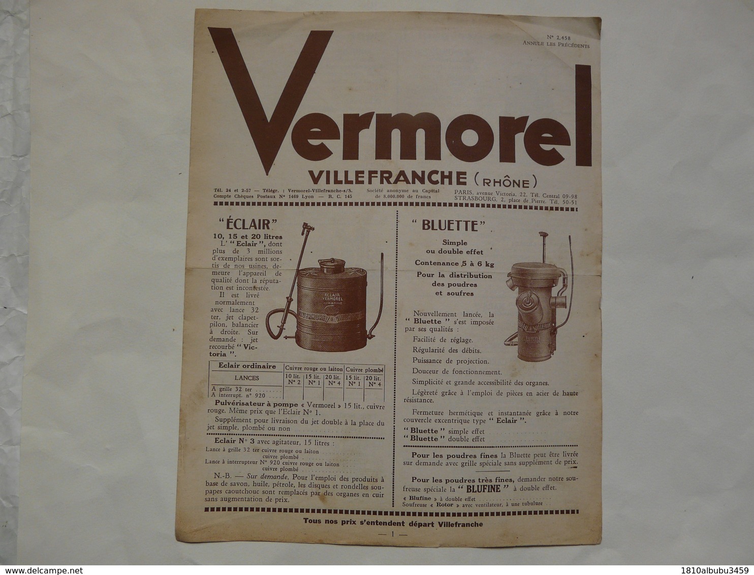 VIEUX PAPIERS - 69 VILLEFRANCHE - ETS VERMOREL : Catalogue (6 Pages) Sur Les Pulvérisateurs, Les Poudrages... - Publicités