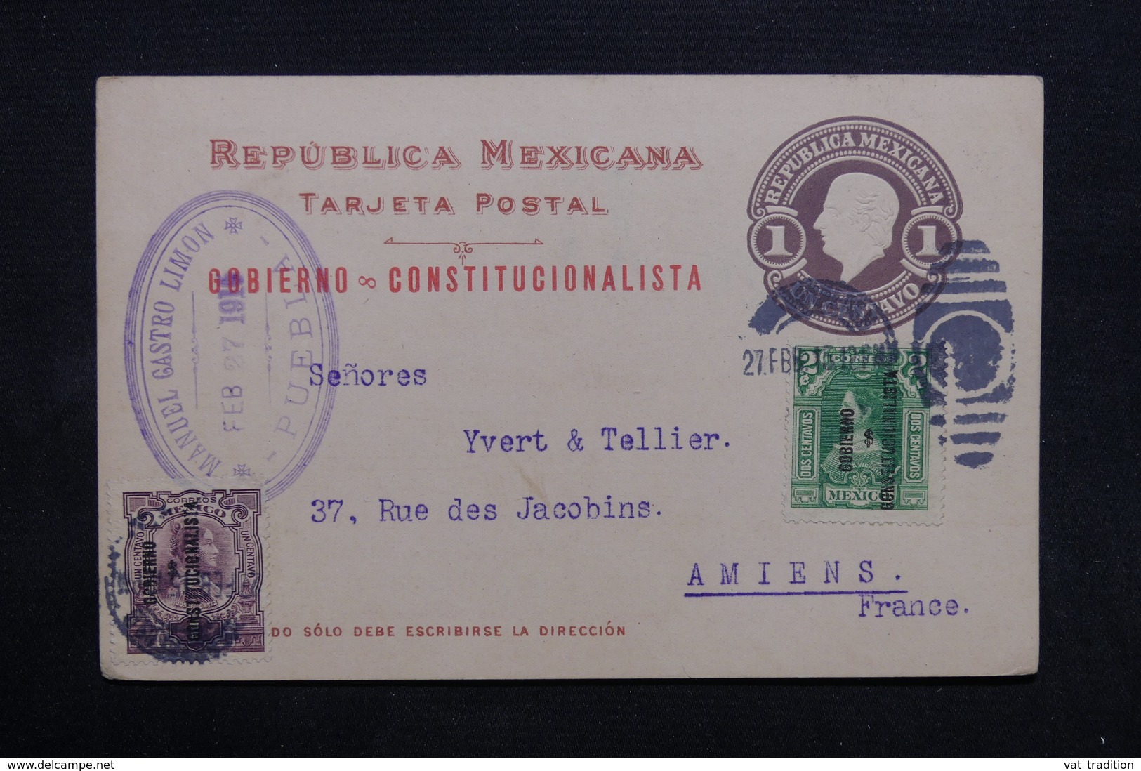 MEXIQUE - Entier Postal + Complément De Puebla Pour La France En 1915 - L 32839 - Mexique