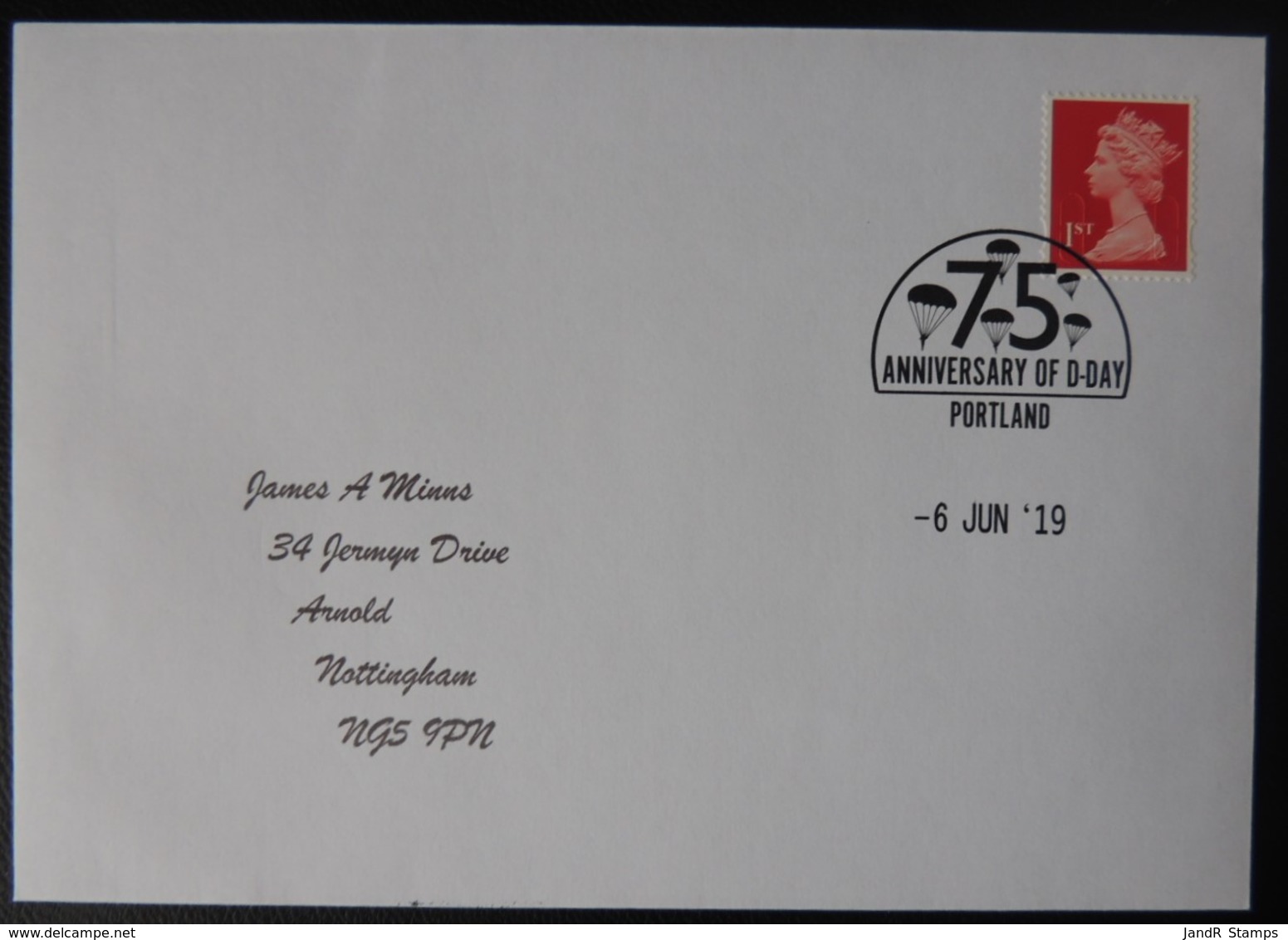 Great Britain Postmark 75th ANNIVERSARY D-DAY 6JUN19 PORTLAND WWII MILITARIA PARACHUTES Typed Address - Postmark Collection