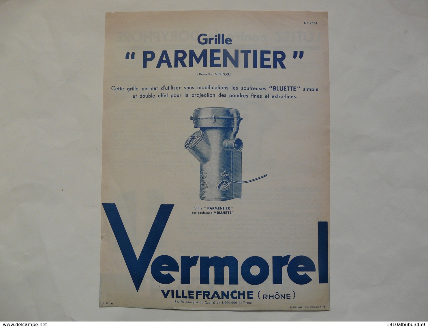 VIEUX PAPIERS - 69 VILLEFRANCHE - ETS VERMOREL : Prospectus Grille "PARMENTIER" - Advertising