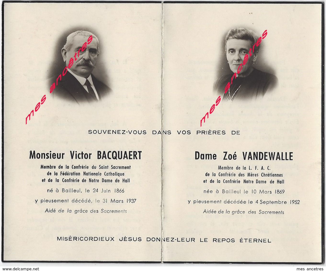 1937 Et 1952-Bailleul (59) Photos Victor BACQUAERT Et Zoé VANDEWALLE-confréries Catholiques - Esquela