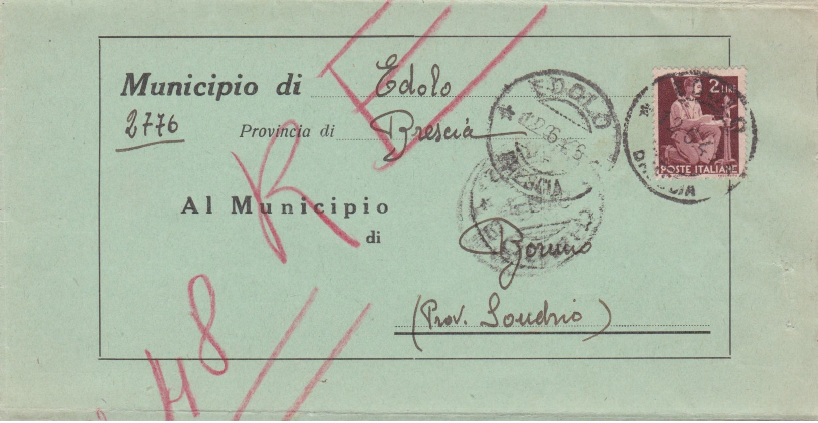 1946 DEMOCRATICA Lire 2 (552) Isol. Su Piego Edolo (12.6 Re Di Maggio) - Storia Postale