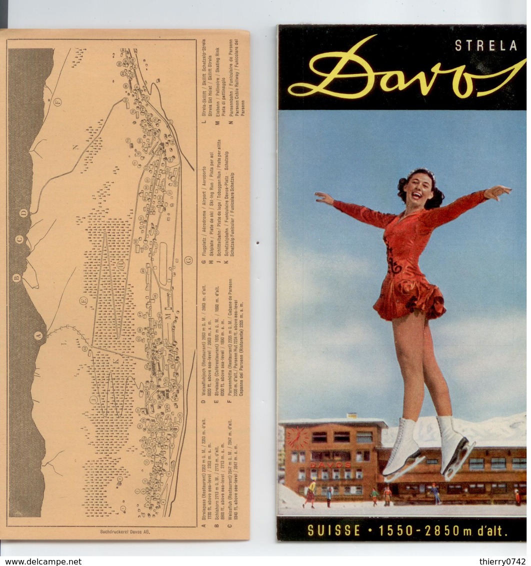 PUBLICITE 1952/53 DEPLIANT TOURISTIQUE 6 VOLETS DAVOS SUISSE TRAIN SKI PATINAGE TBE - Reclame