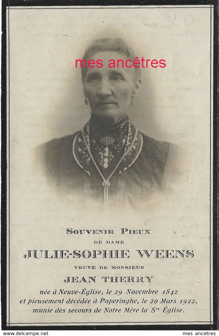 1922-Neuve Eglise Et Poperinghe (59) Julie WEENS Veuve De Jean THERRY - Décès