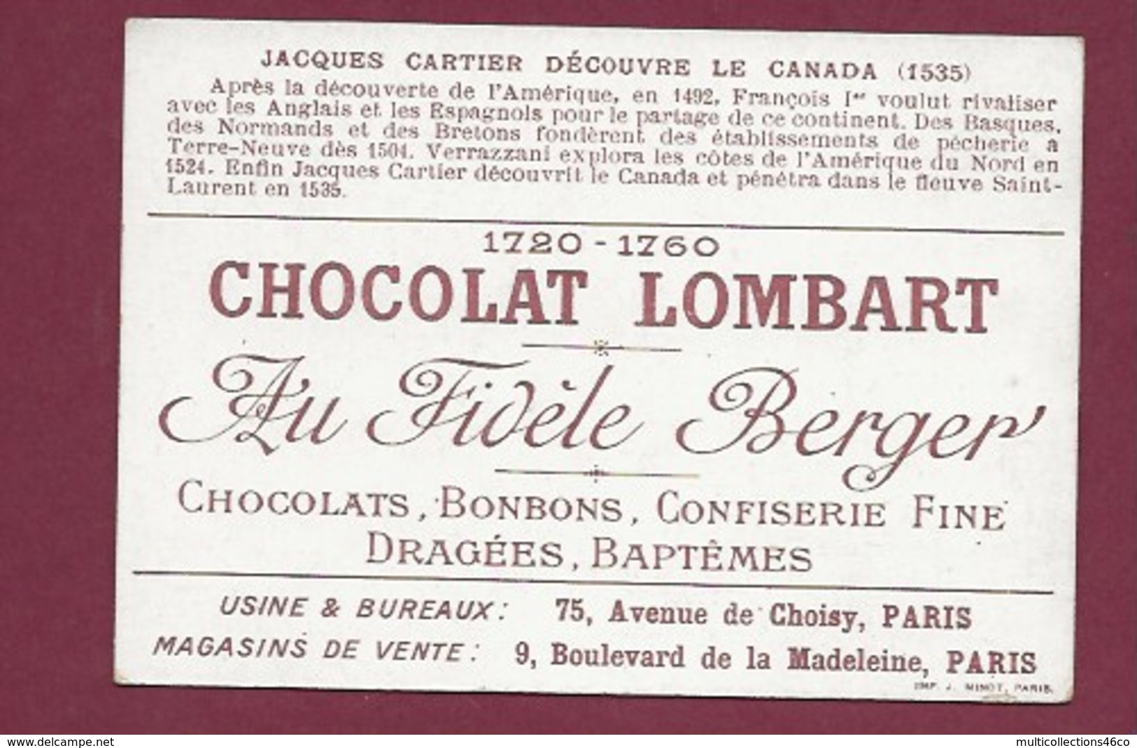 250619 - CHROMO CHOCOLAT LOMBART - Jacques Cartier Découvre Le Canada 1535 - Lombart